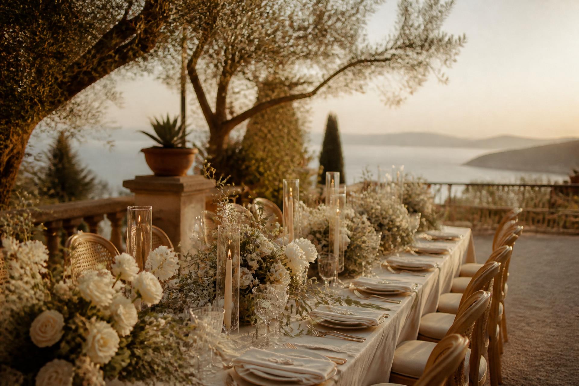 A candlelit wedding table on a Mallorca terrace at golden hour